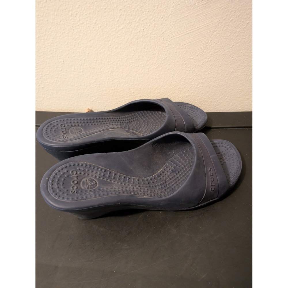 Crocs Mules Women Size 11 Navy Blue Wedge Sandals Peep Toe Slide Shoes Summer